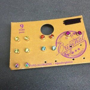 Rhinestone Stud Earrings Lot Of Six Silver Red Yellow Green Blue Purple Clear